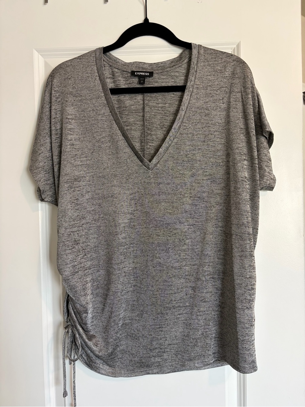 Express Gray V-Neck Short Sleeve Side-Ruched Tee
